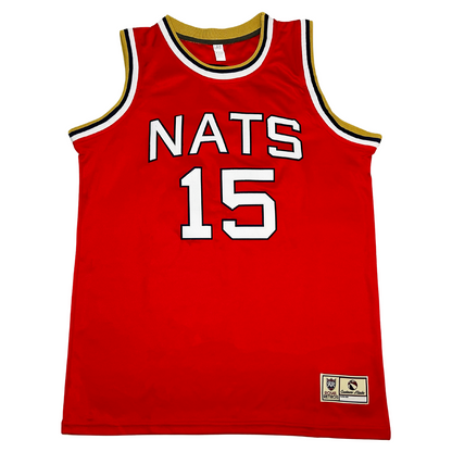 1961 Syracuse Nationals Jersey red. Gold, blue, and white trim at shoulders and neck. NATS in white with blue trim on chest. #15 in white with blue trim below. Royal Retros