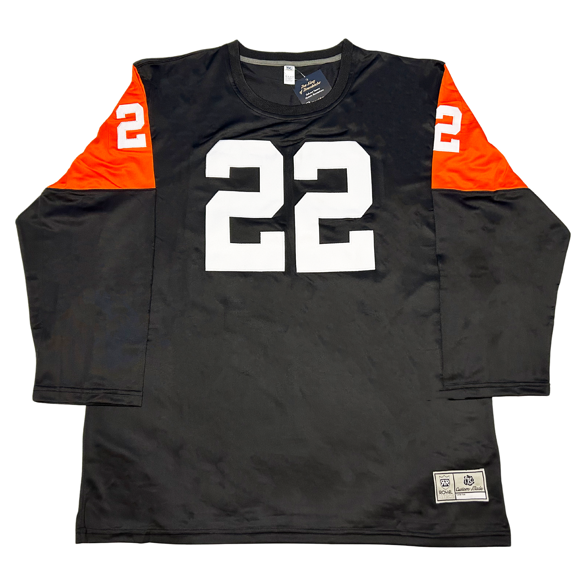 1964 B.C. Lions jersey black with orange-trimmed sleeves white #22 on chest and sleeves Royal Retros