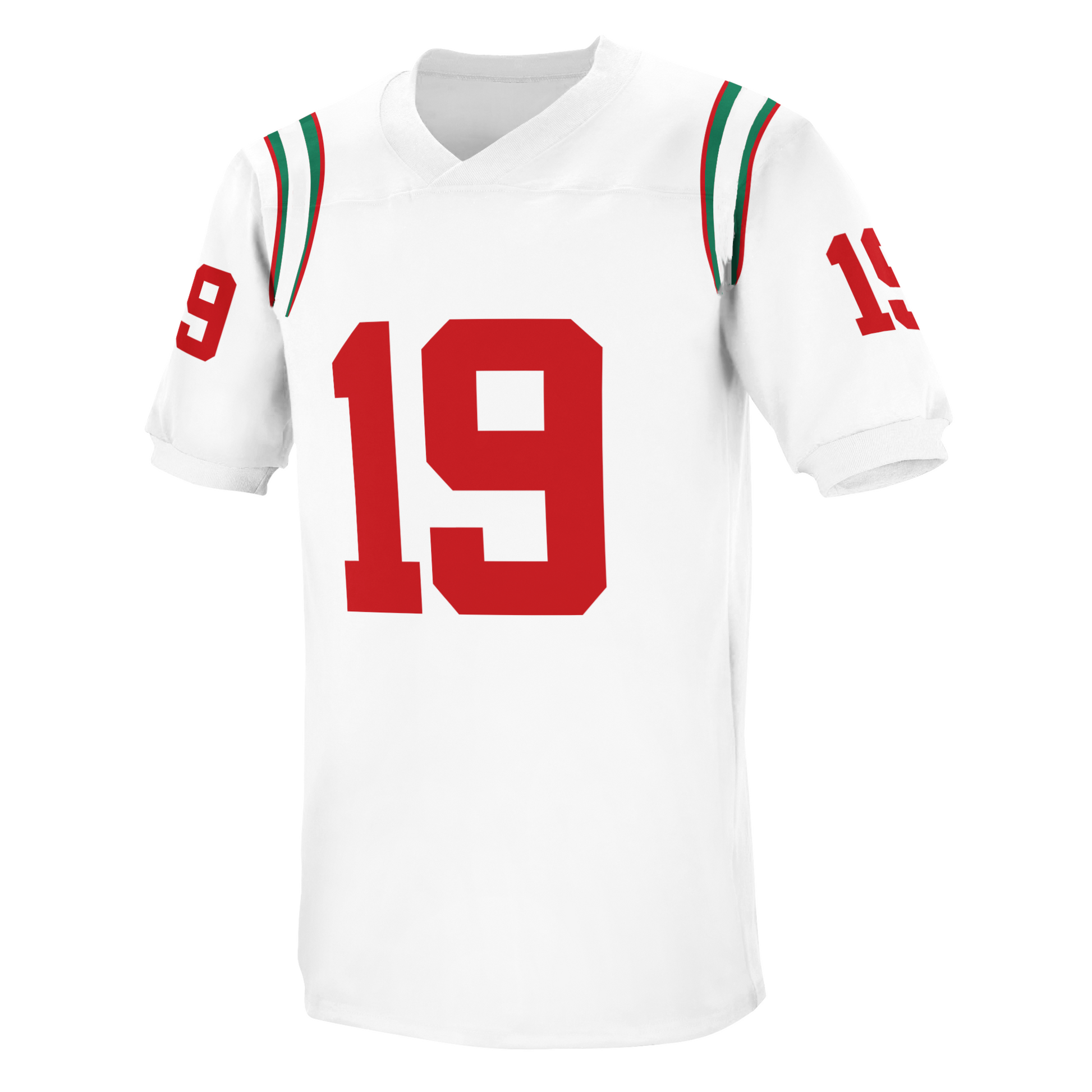 1968 Montreal Alouettes jersey white with red numerals #19. red and green trim on around shoulders. Royal Retros