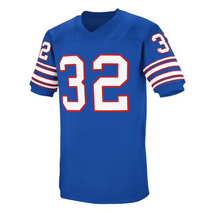 Buffalo Bills 1968 jersey. Blue. four red, white, and red bands mid-sleeve. #32 in white with red trim large on chest, small on sleeves. Royal Retros.