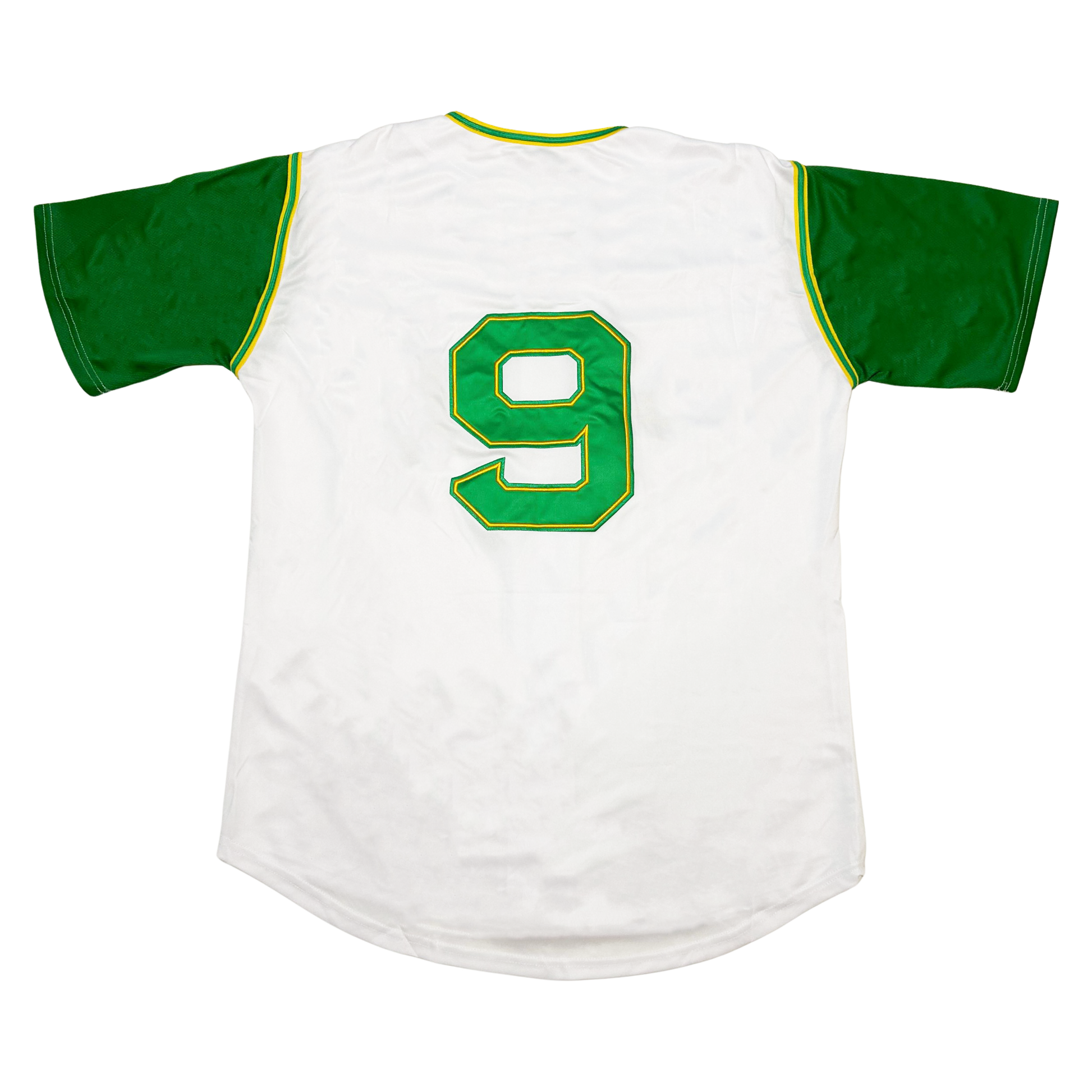 1968 Oakland Vest Jersey white. Green sleeves with yellow and green trim at shoulders and neck. #9 in green with yellow trim on back. Royal Retros