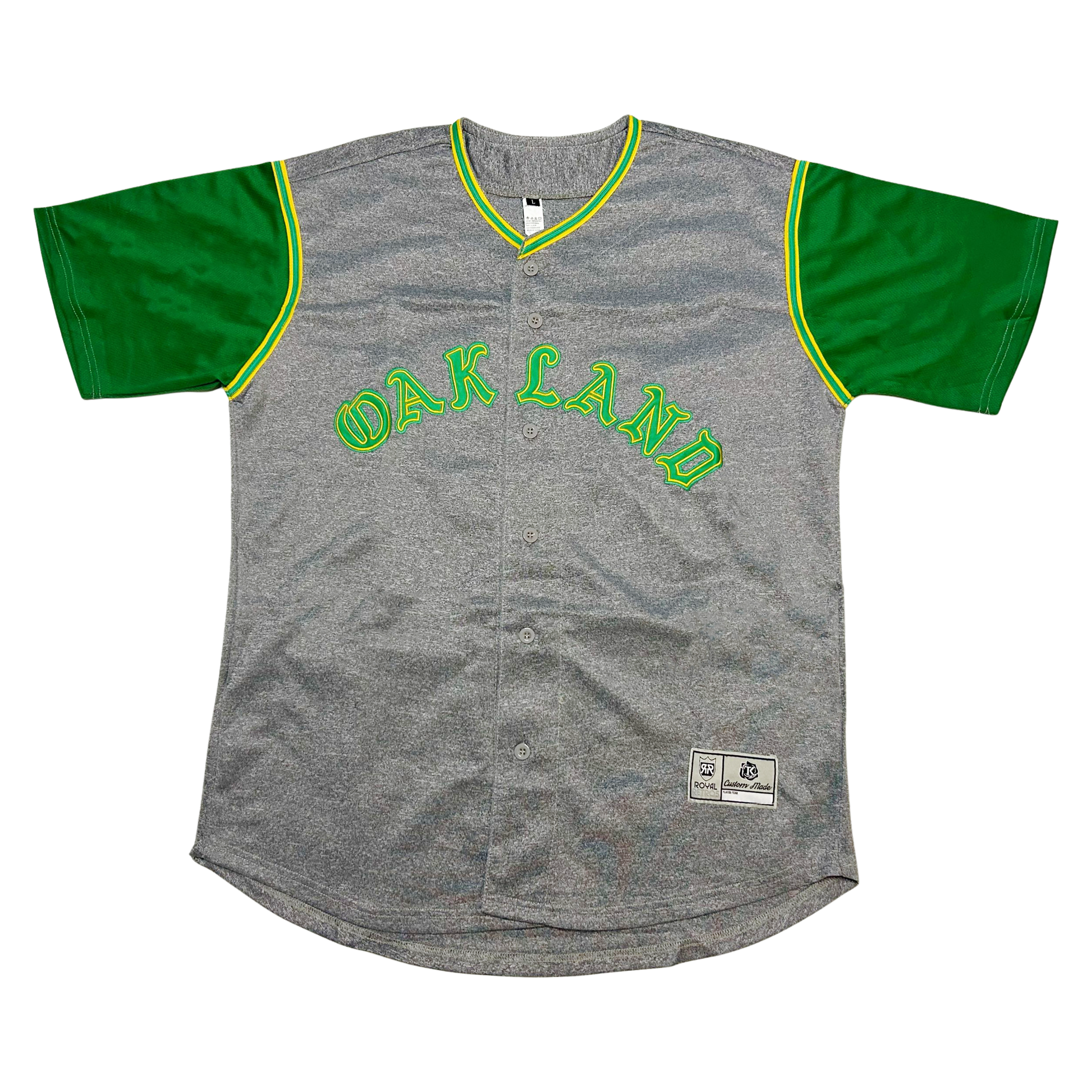 Oakland Vest Jersey, gray. Green sleeves with yellow and green  trim at shoulders and neck. Royal Retros