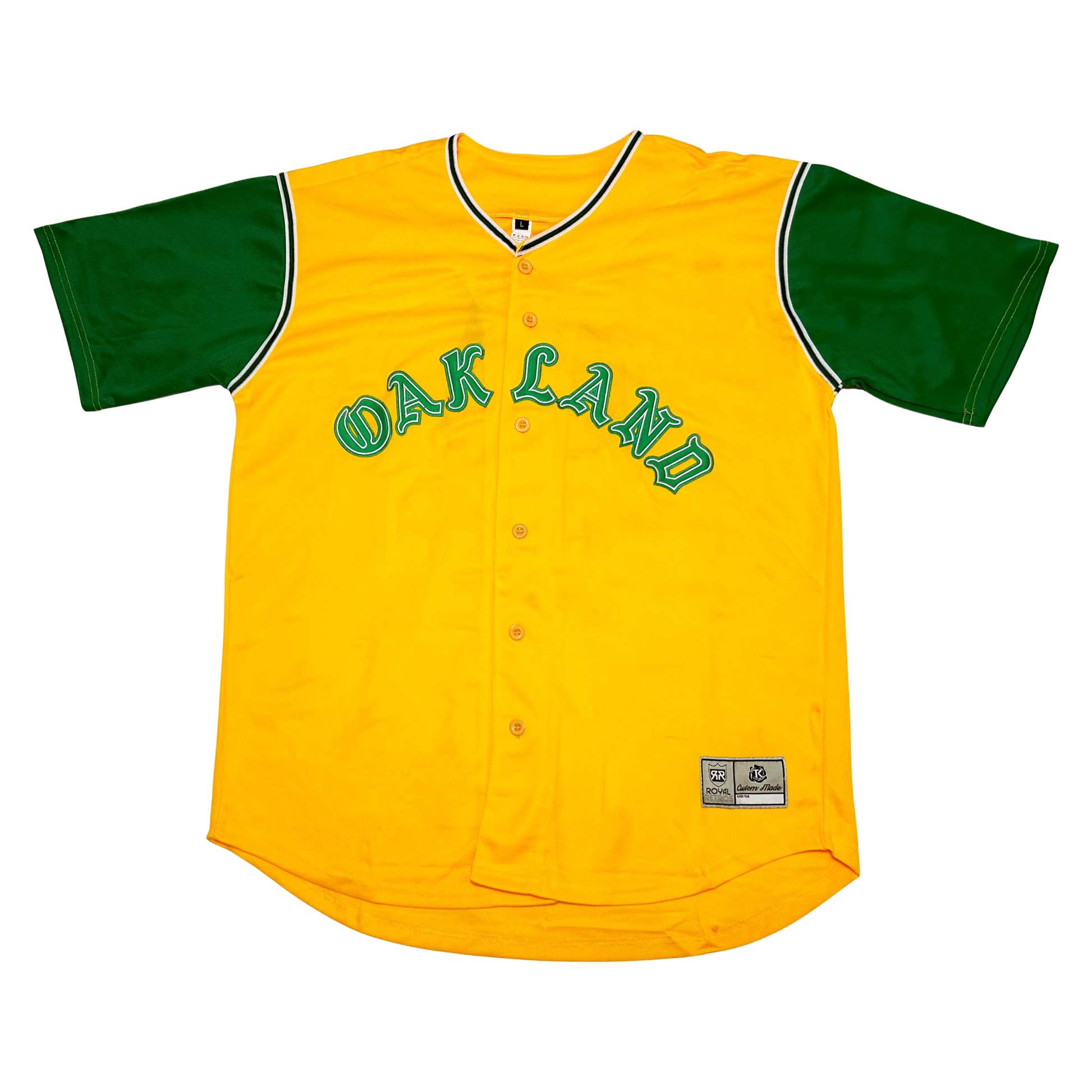 Oakland Vest Jersey. Yellow. Green sleeves with white trim at shoulders and neck. Oakland classic block in green with white trim arched across chest. Royal Retros