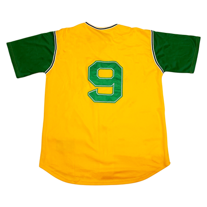 1968 Oakland Vest Jersey. Yellow. Green sleeves with white and green trim on shoulders and neck. #9 green with white trim large on back. Royal Retros