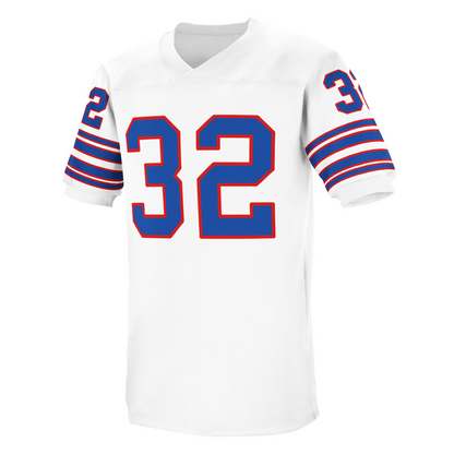 Buffalo Bills 1968 jersey. White. four red, blue, and red bands mid-sleeve. #32 in blue with red trim large on chest, small on sleeves. Royal Retros.