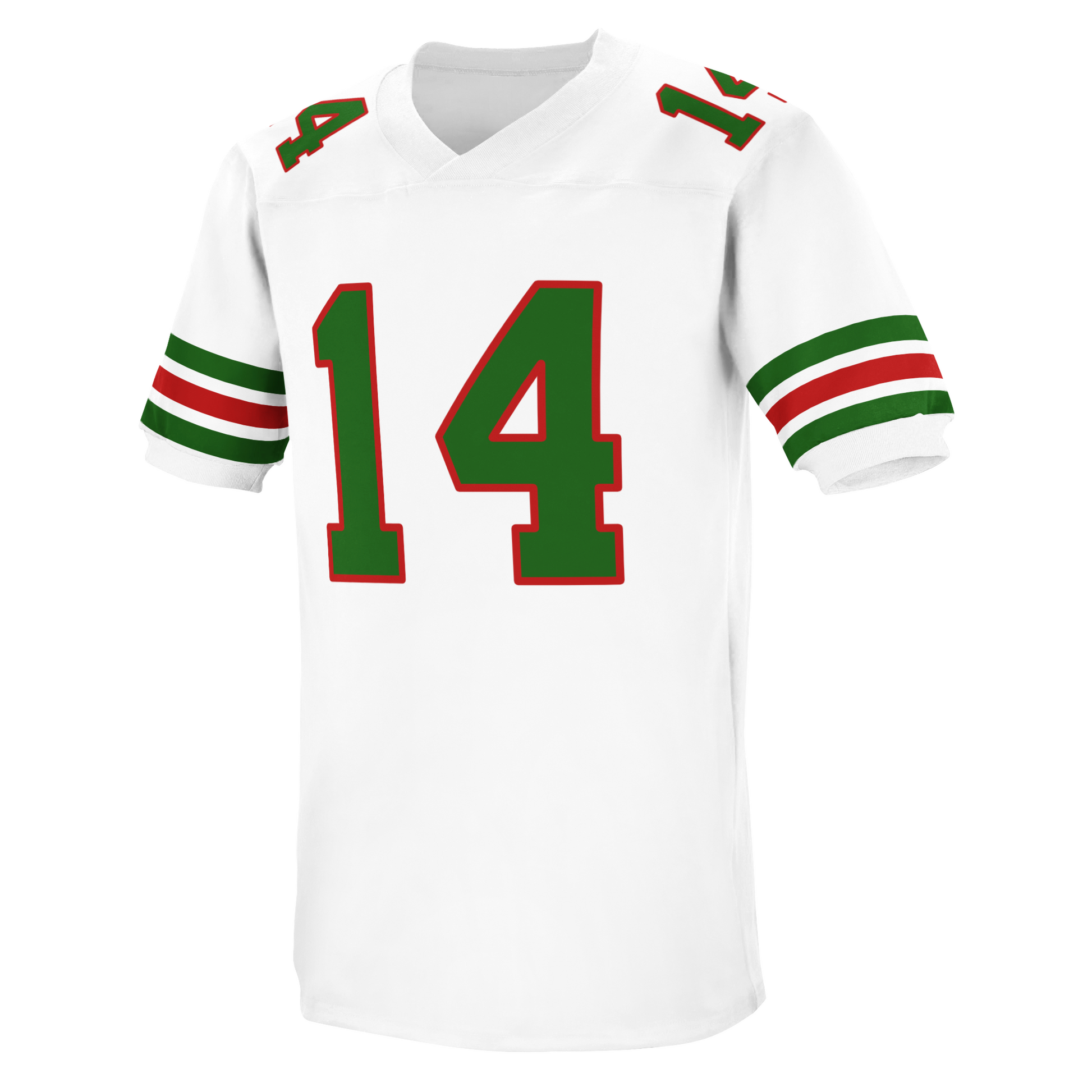 1970-1974-Montreal Alouettes jersey white with green numerals #14 red and green trim, Green white, red, white, green bands on sleeves. Royal Retros