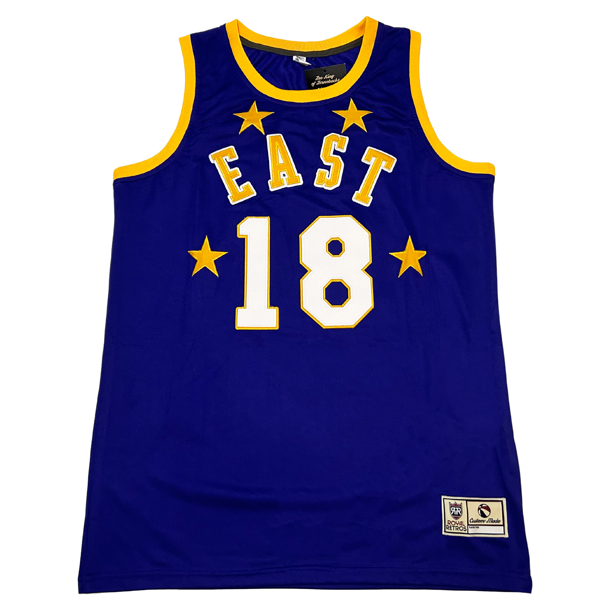 1972 NBA All-Star jersey West. Blue with white trim. EAST arched across chest in gold with white trim. Four gold stars. #18 white with gold stars. Royal Retros 