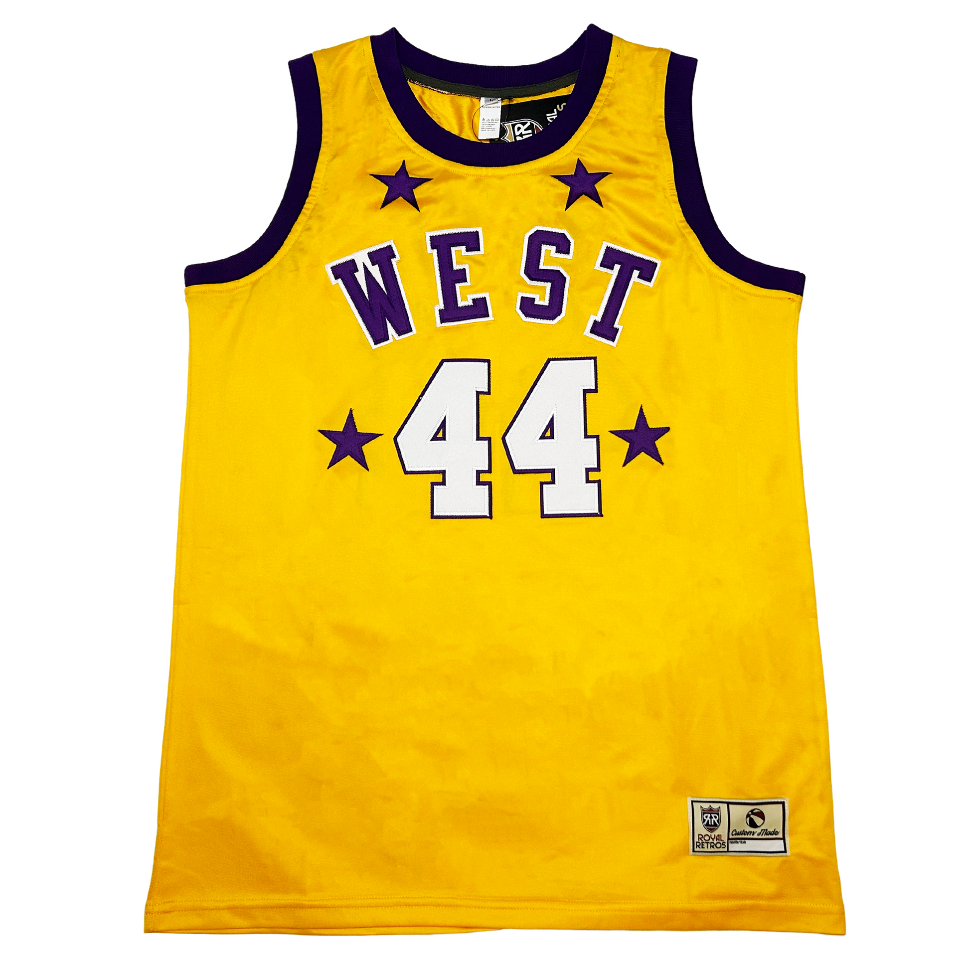 1972 NBA All-Star jersey West. Gold with black trim. West arched across chest in purple with white trim. Four purple stars. Royal Retros 