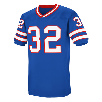 Buffalo Bills 1975 jersey. Blue. Red, white, and red collar. Two bands on sleeves. Thin red, white, thin red, mid-sleeve. #32 in white with red trim large on chest, small on sleeves. Royal Retros.