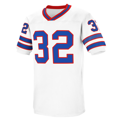 Buffalo Bills 1975 jersey. White. Red, blue, and red collar. Two bands on sleeves. Thin red, blue, thin red, mid-sleeve. #32 in blue with red trim large on chest, small on sleeves. Royal Retros.