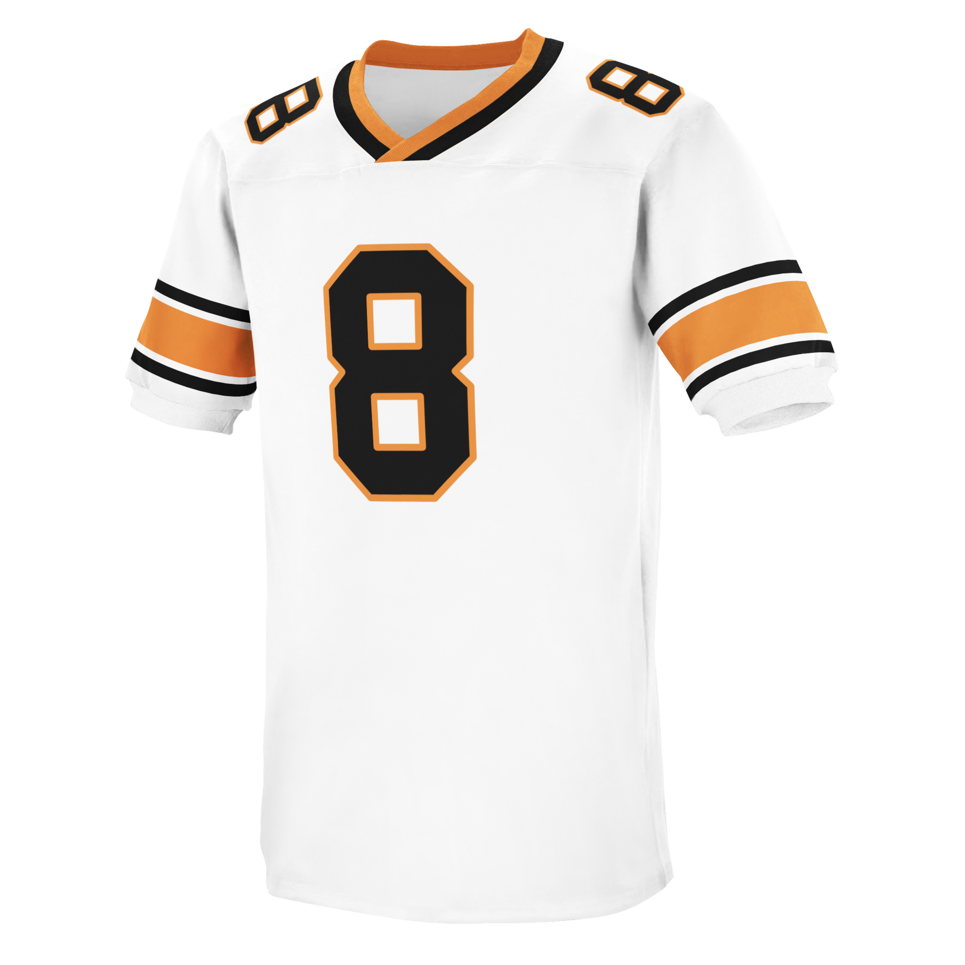 1977 B.C. Lions white. Black, white, orange, white, black bands above sleeve ends. Orange and black collar.  Black #8 with orange trim large on chest small on shoulders. Royal Retros