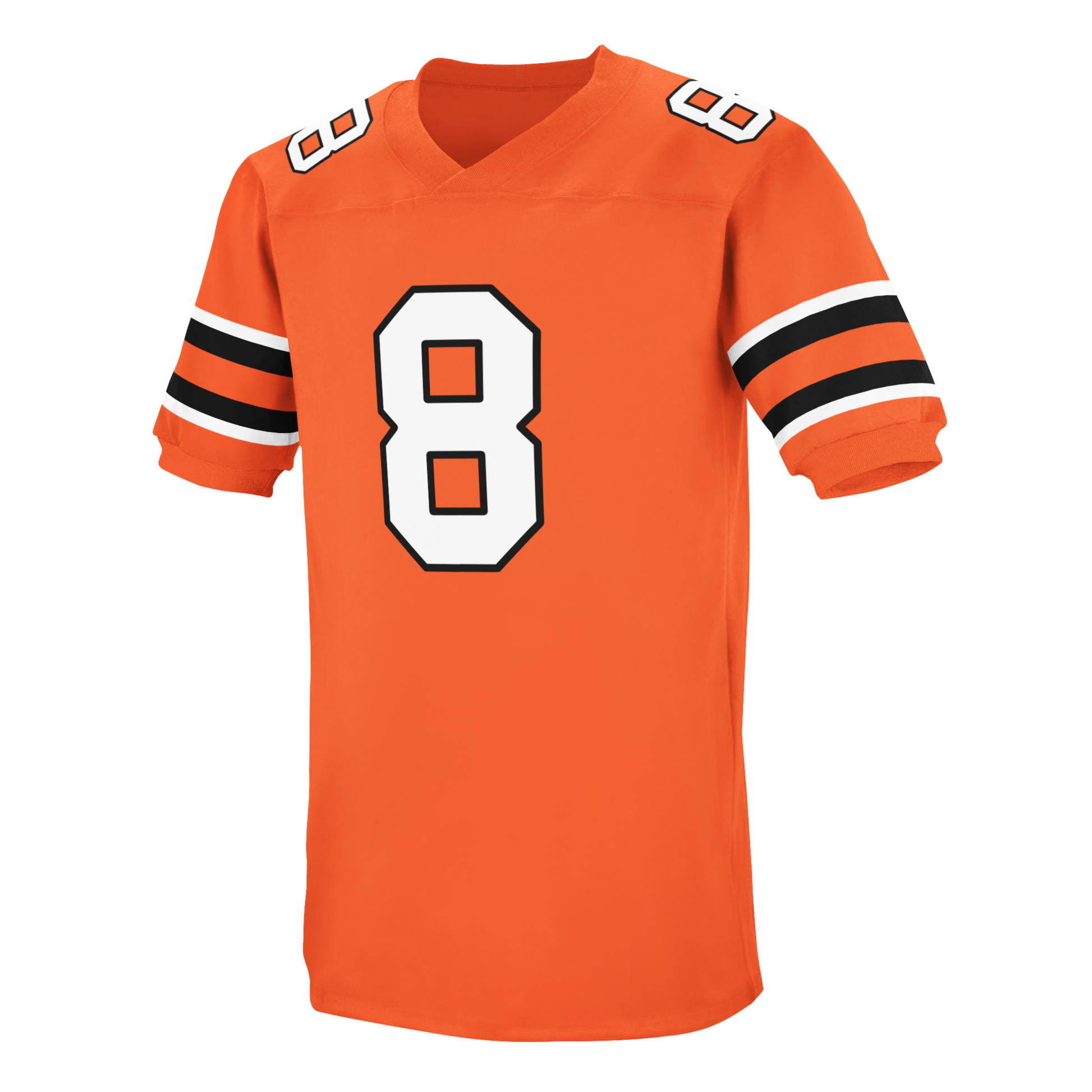 1979 B.C. Lions jersey orange. White, black, orange, black, white bands above sleeve ends. White #8 with black trim large on chest small on shoulders.  Royal Retros