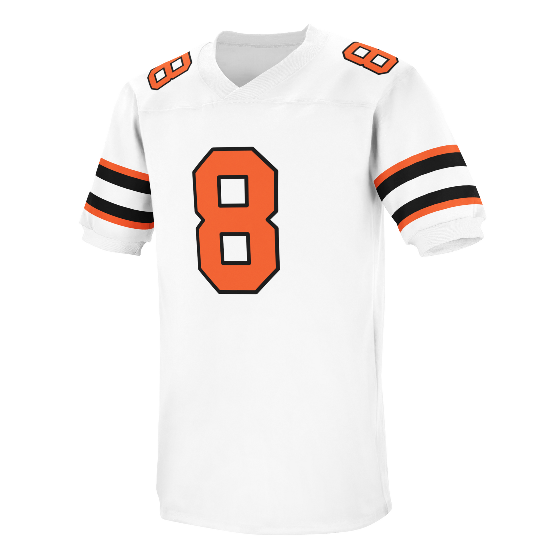 1979 B.C. Lions jersey white. Orange, black, white, black, orange bands above sleeves. Orange #8 with black trim large on chest, small on shoulders.  Royal Retros