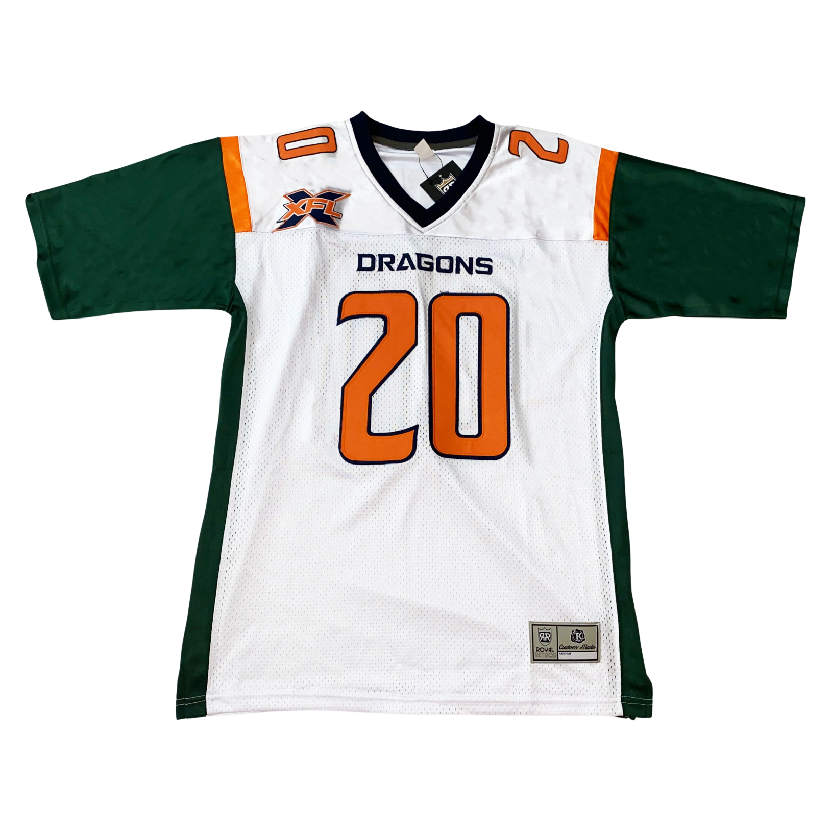 2020 Seattle Dragons XFL jersey. White with dark green sleeves and sides. Orange trim at shoulders. Dark green trim on neck. XFL logo, dark green X with orange trim and XFL over top on upper right chest. Orange number 20 with green trim large on chest, small on shoulders. Royal Retros