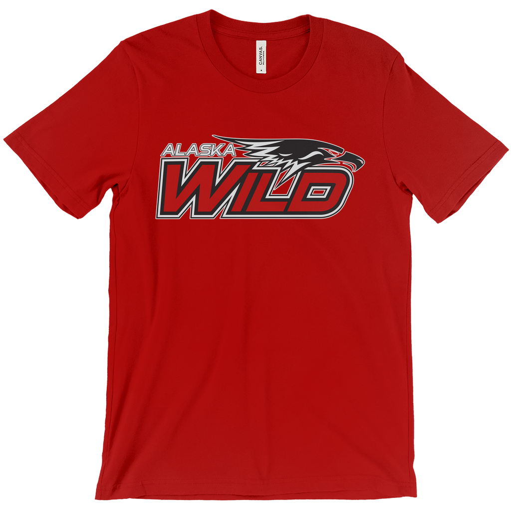 Alaska Wild T-shirt. Red. Alaska outlined in white. Eagle head outlined in white next to that with WILD in red with white trim below. Royal Retros