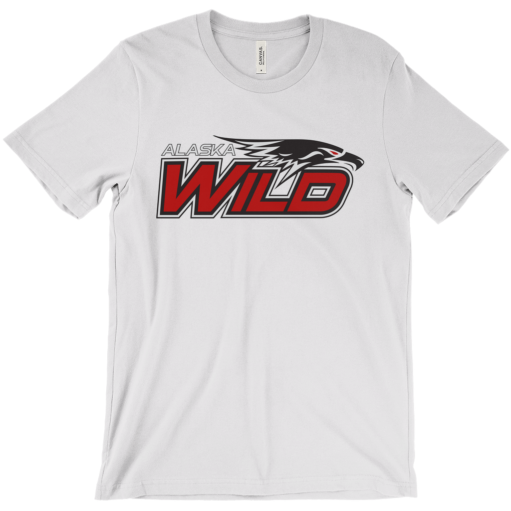 Alaska Wild T-shirt. Silver. Alaska outlined in white. Eagle head outlined in white next to that with WILD in red with white trim below. Royal Retros