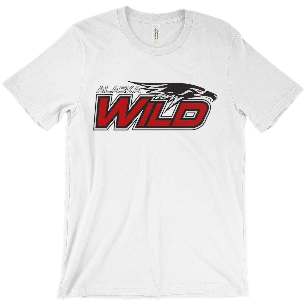 Alaska Wild T-shirt. White. Alaska outlined in white. Eagle head outlined in white next to that with WILD in red with white trim below. Royal Retros