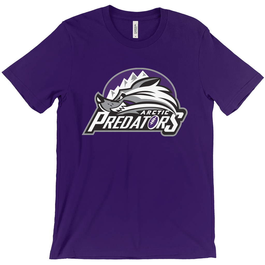 Arctic Predators T-shirt. Purple. Purple half circle with five mountain peaks. Animated wolf looking to the left. Below right, ARCTIC in white above large, centered PREDATORS. Purple football with white trim in place of the "O". Royal Retros