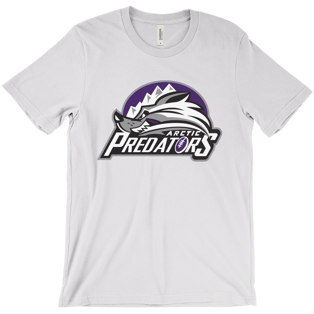 Arctic Predators T-shirt Silver. Purple half circle with five mountain peaks. Animated wolf looking to the left. Below right, ARCTIC in white above large, centered PREDATORS. Purple football with white trim in place of the "O". Royal Retros