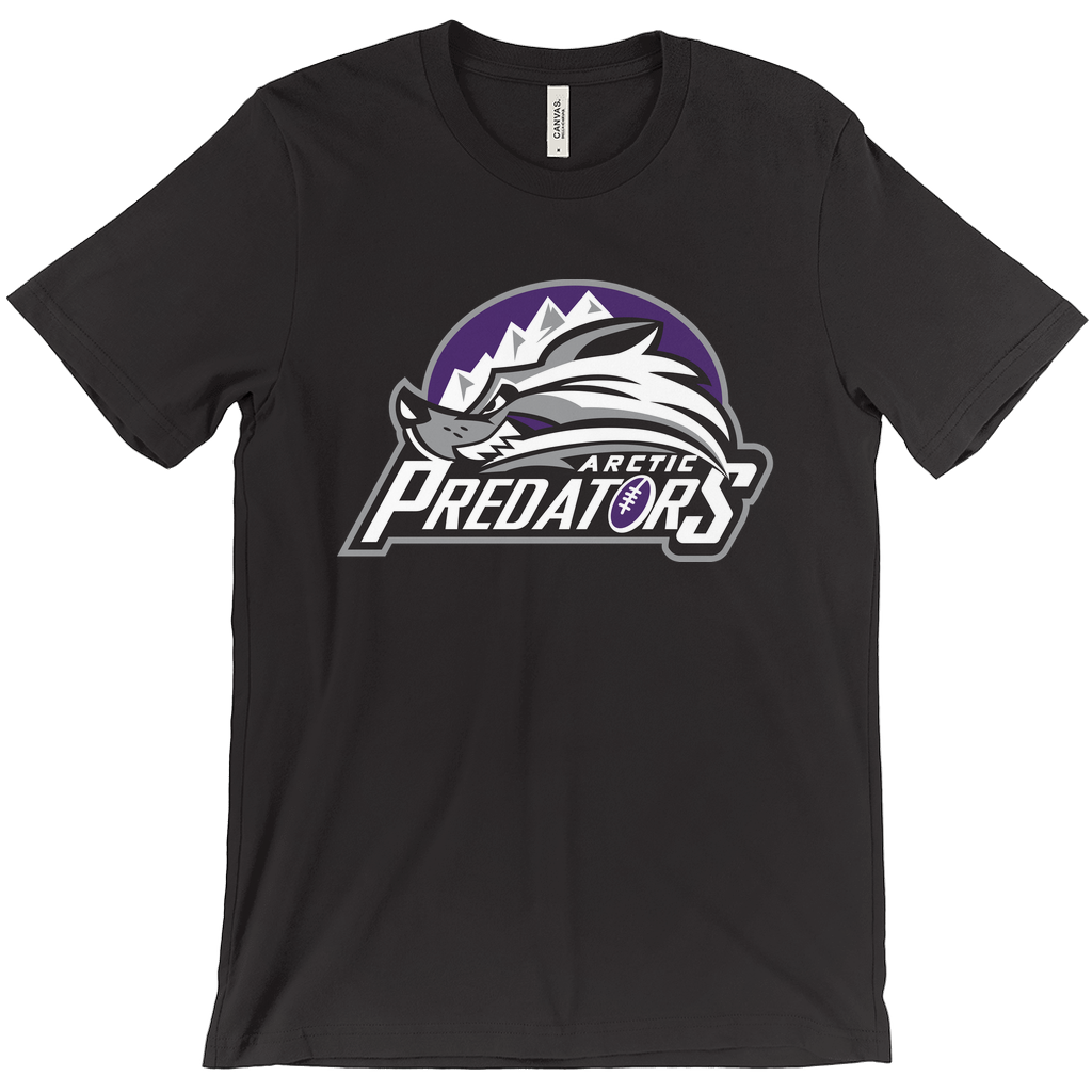 Arctic Predators. T-shirt black. Purple half circle with five mountain peaks. Animated wolf looking to the left. Below right, ARCTIC in white above large, centered PREDATORS. Purple football with white trim in place of the "O". Royal Retros