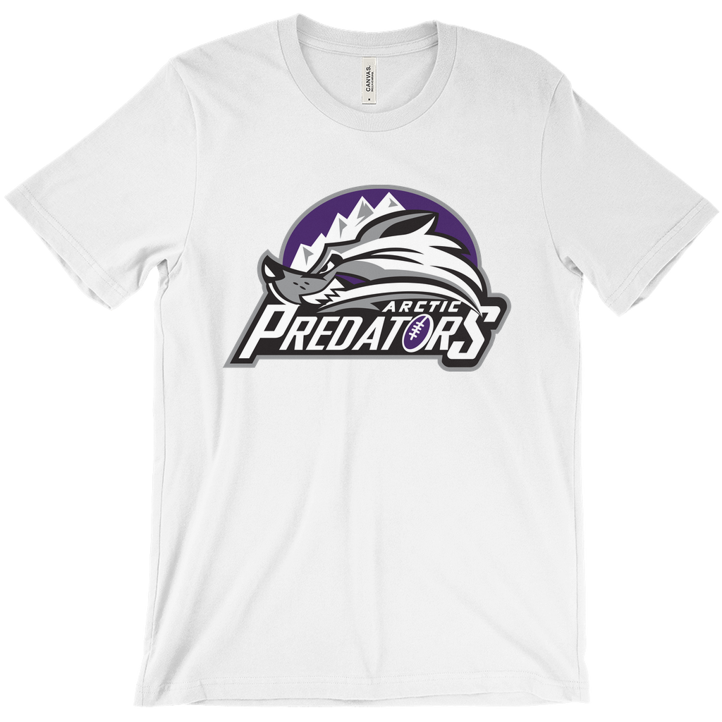 Arctic Predators T-shirt white. Purple half circle with five mountain peaks. Animated wolf looking to the left. Below right, ARCTIC in white above large, centered PREDATORS. Purple football with white trim in place of the "O". Royal Retros