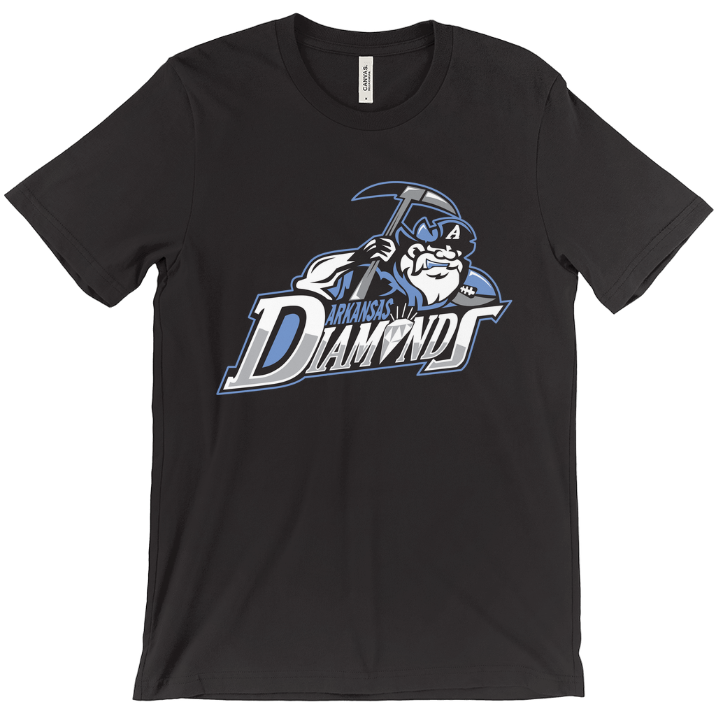 Arkansas Diamonds T-shirt. Navy Blue. Bearded minor with hat featuring a white "A." Miner is holding a pick over ARKANSAS small in blue over DIAMONDS half white half silver. Royal Retros