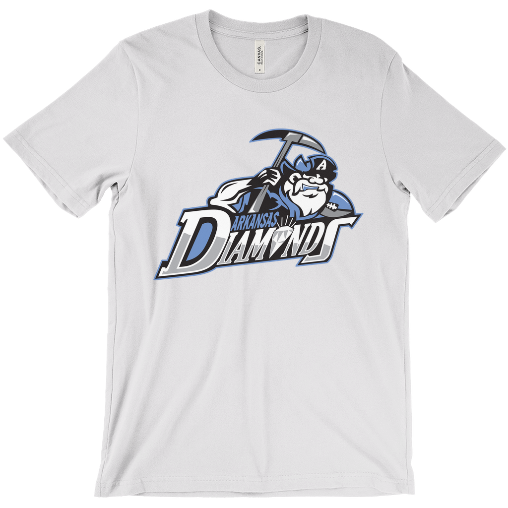 Arkansas Diamonds T-shirt. Silver. Bearded minor with hat featuring a white "A." Miner is holding a pick over ARKANSAS small in blue over DIAMONDS half white half silver. Royal Retros