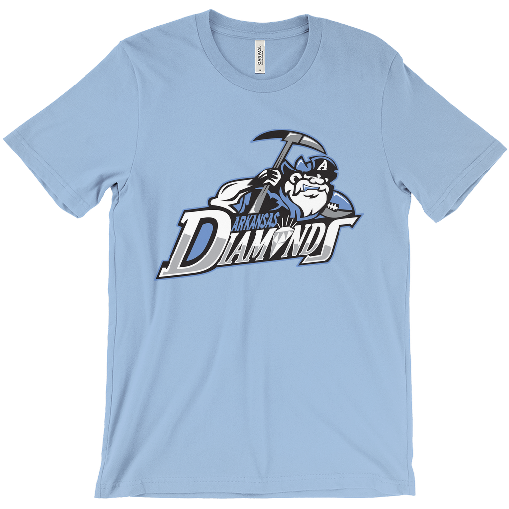 Arkansas Diamonds T-shirt. Light blue. Bearded minor with hat featuring a white "A." Miner is holding a pick over ARKANSAS small in blue over DIAMONDS half white half silver. Royal Retros