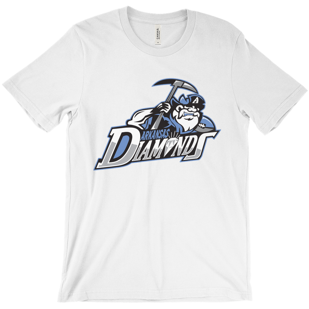 Arkansas Diamonds T-shirt. White. Bearded minor with hat featuring a white "A." Miner is holding a pick over ARKANSAS small in blue over DIAMONDS half white half silver. Royal Retros