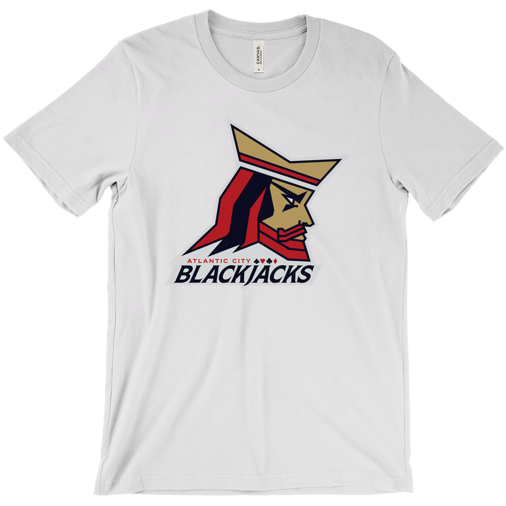 Atlantic City Blackjacks T-shirt. Silver. Animated kings head facing right. Atlantic City small in red below head and above large Blackjacks in black. Royal Retros