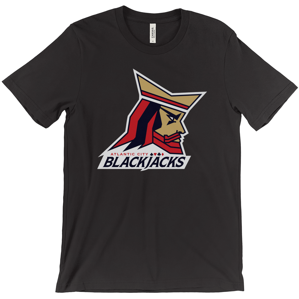 Atlantic City Blackjacks T-shirt. Black. Animated kings head facing right. Atlantic City small in red below head and above large Blackjacks in black. Royal Retros