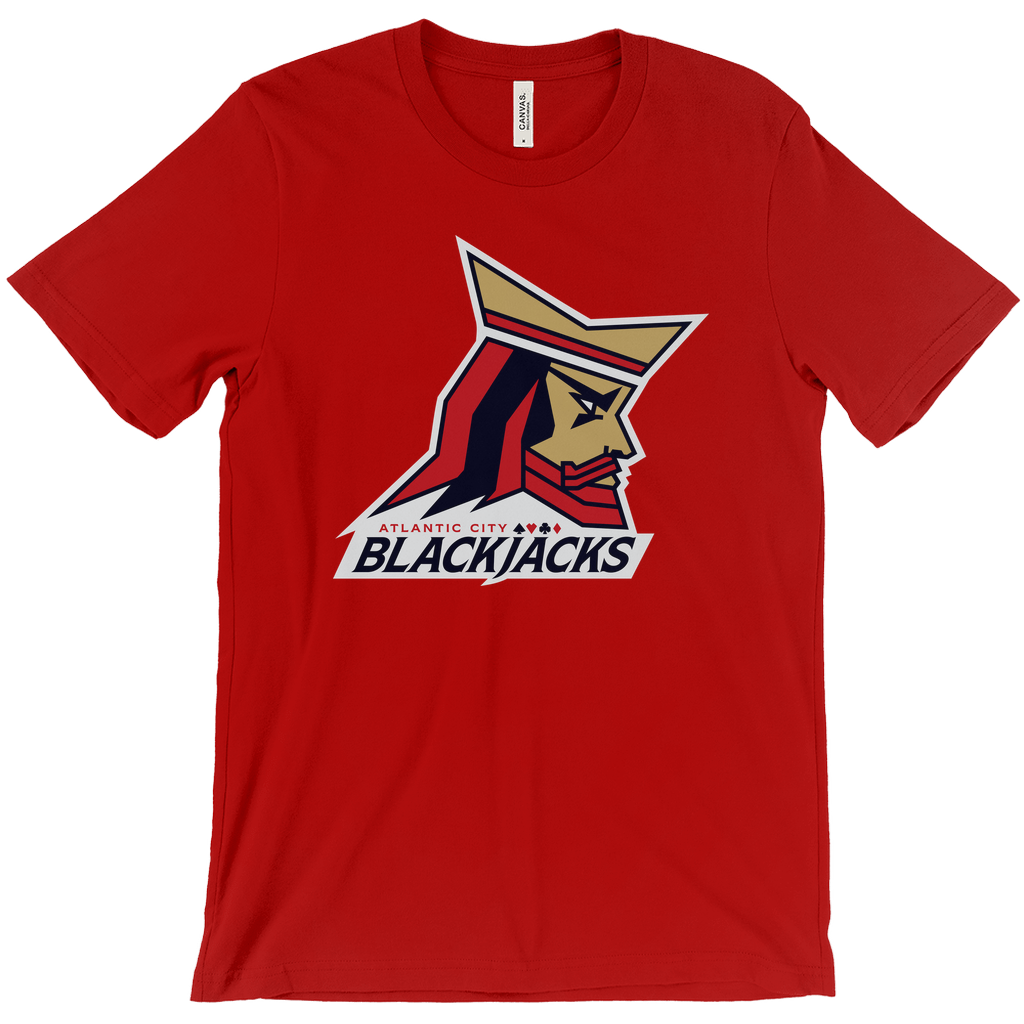 Atlantic City Blackjacks T-shirt. Red. Animated kings head facing right. Atlantic City small in red below head and above large Blackjacks in black. Royal Retros