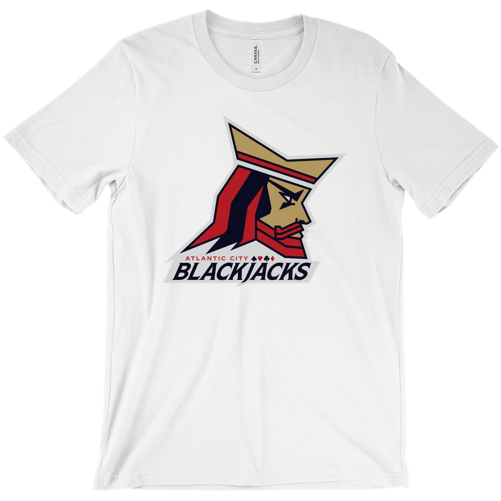 Atlantic City Blackjacks T-shirt. White. Animated kings head facing right. Atlantic City small in red below head and above large Blackjacks in black. Royal Retros