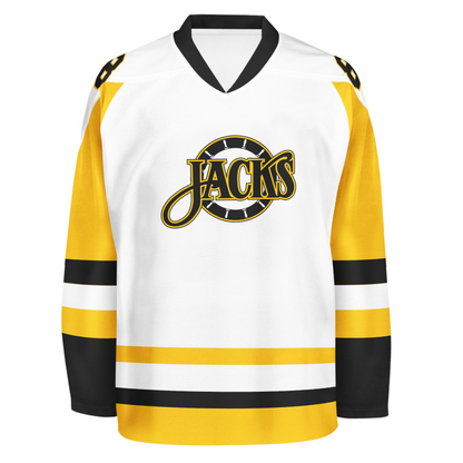 Baltimore Skipjacks jersey. White. Black collar. Gold upper sleeve, black lower, with black, white, gold bands mid-sleeve and around waist. Baltimore n white arched above stylized Jacks logo. Jacks in black with gold trim over white ship's wheel. #8 in black with gold trim on shoulders. Royal Retros.