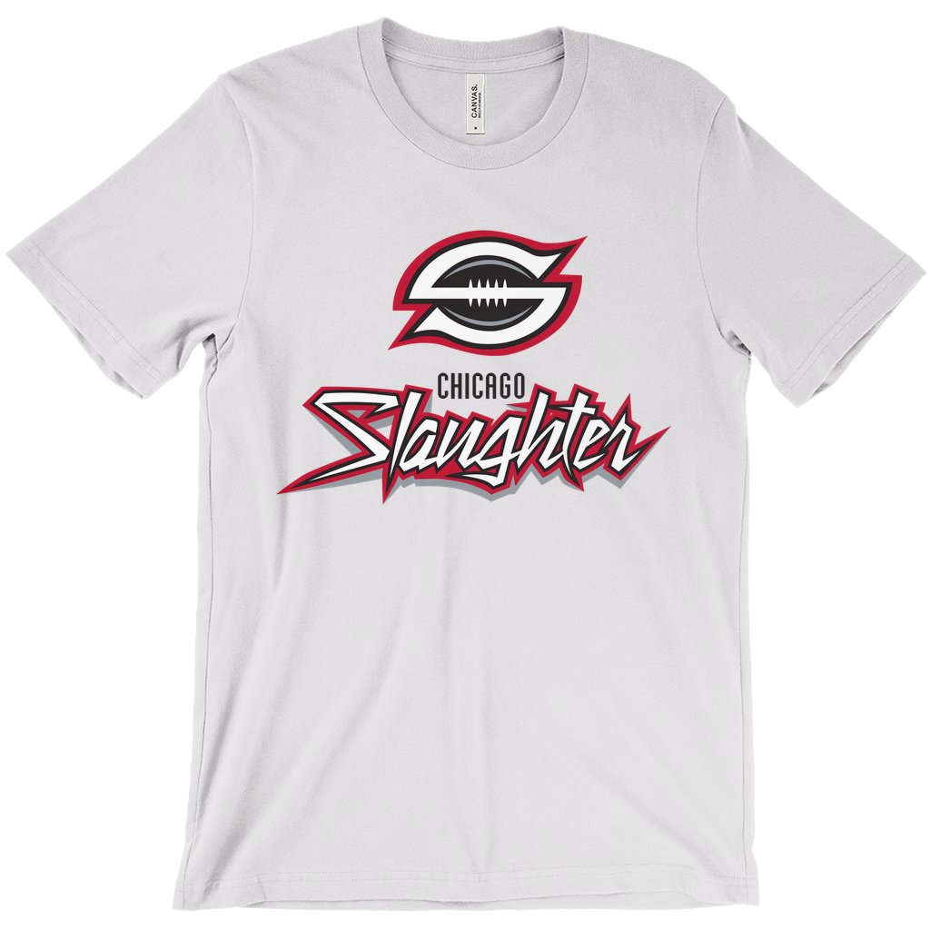 Chicago Slaughter T-shirt black. Stylized S around black football. Chicago in black below. Stylized Slaughter in white with red and silver trim. Royal Retros