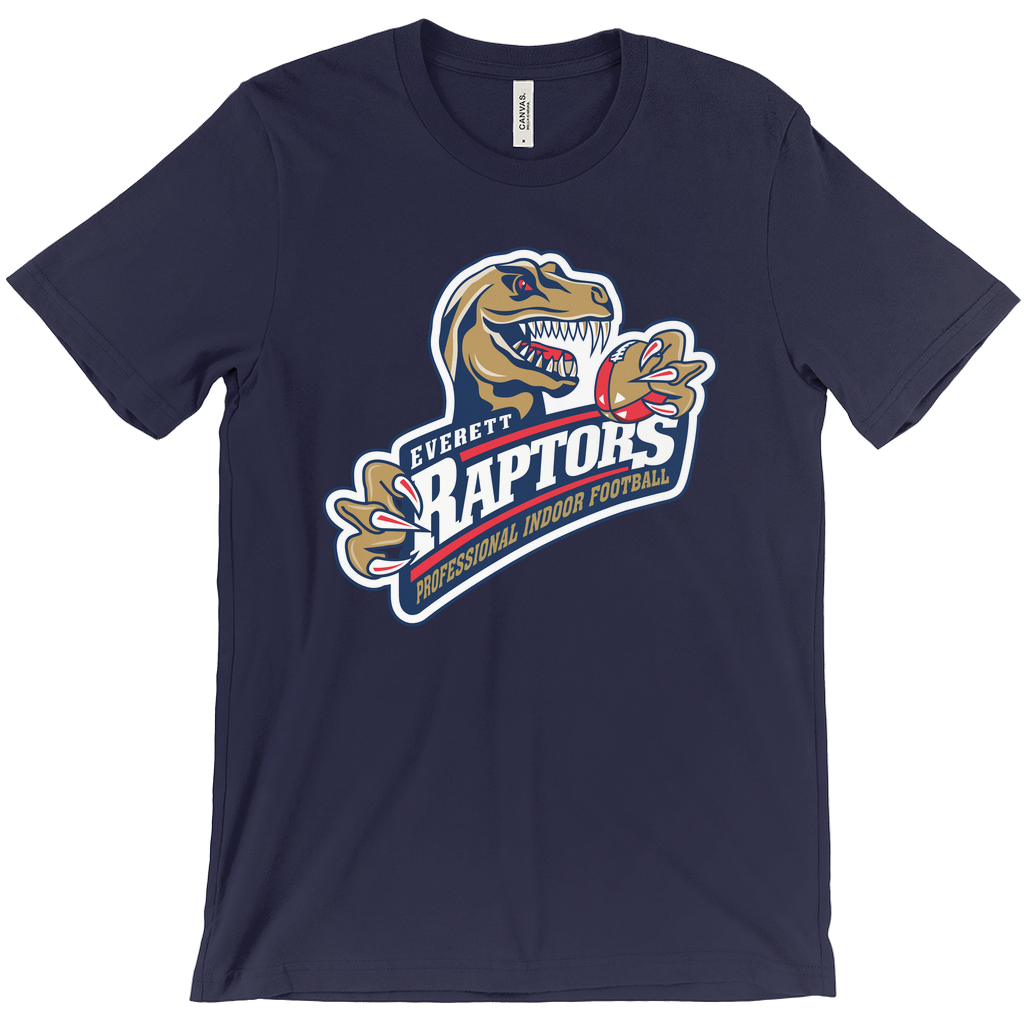 Everett Raptors T-shirt. Navy. Gold T-Rex holding banner with small Everett in white over large RAPTORS. Indoor Football League in gold below, all outlines in white. Royal Retros