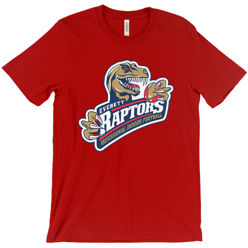 Everett Raptors T-shirt. Red. Gold T-Rex holding banner with small Everett in white over large RAPTORS. Indoor Football League in gold below, all outlines in white. Royal Retros