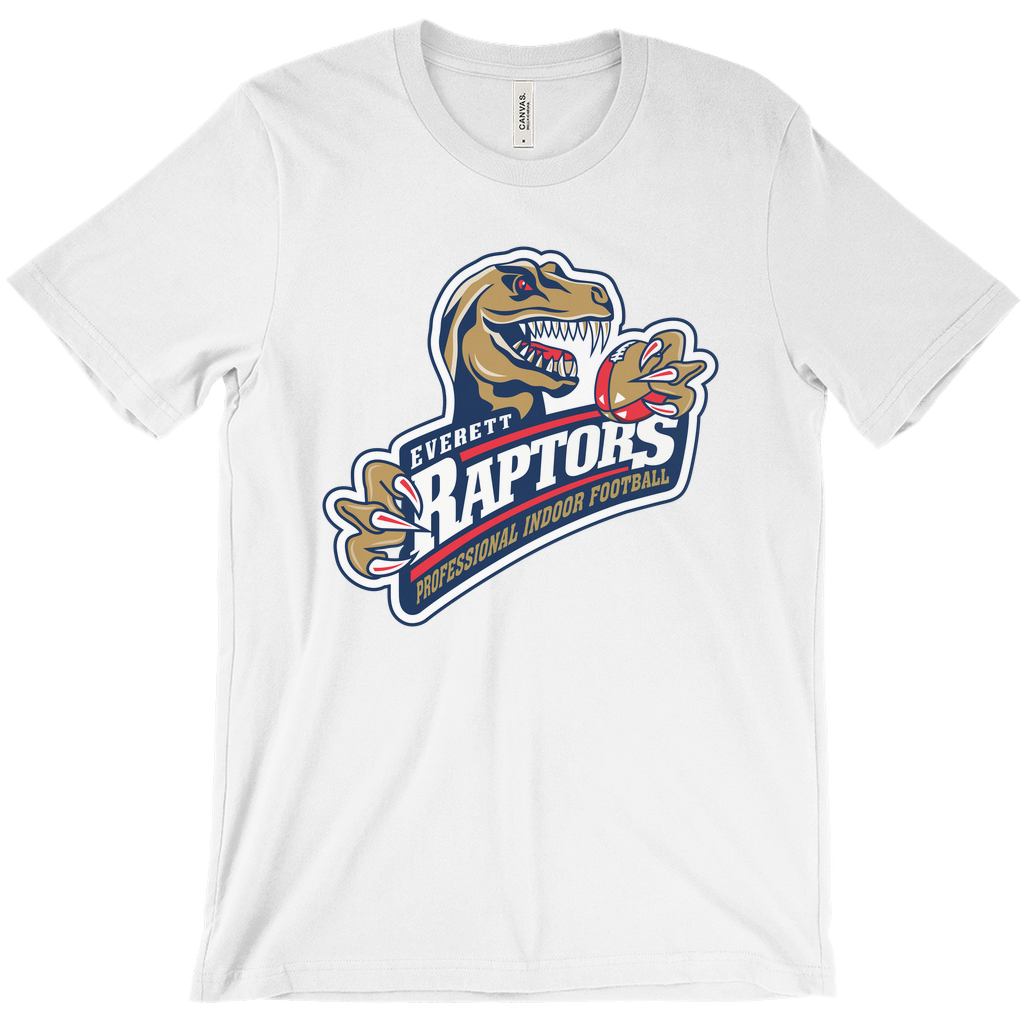 Everett Raptors T-shirt. White. Gold T-Rex holding banner with small Everett in white over large RAPTORS. Indoor Football League in gold below, all outlines in white. Royal Retros