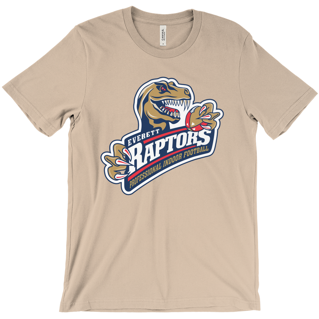 Everett Raptors T-shirt. Beige. Gold T-Rex holding banner with small Everett in white over large RAPTORS. Indoor Football League in gold below, all outlines in white. Royal Retros