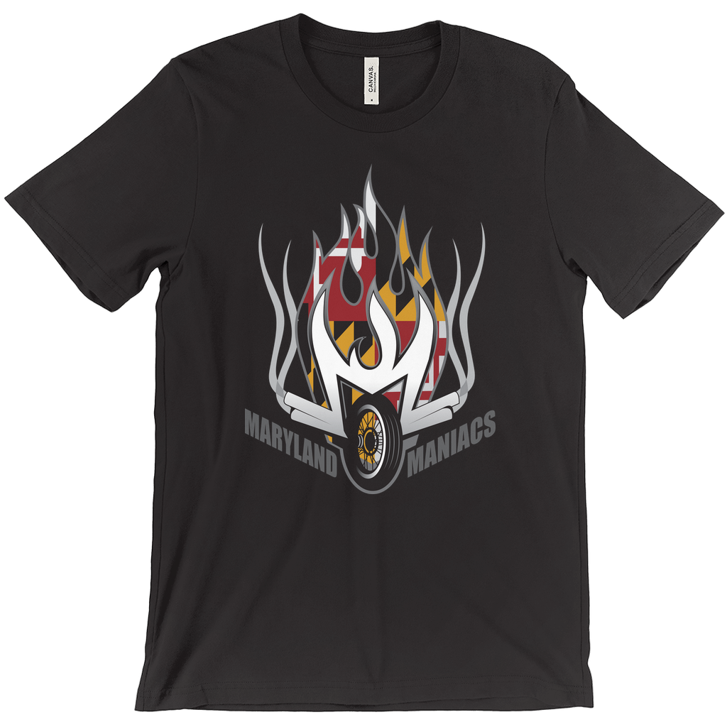 Maryland Maniacs T-shirt. Black. Silver flames over flames reflecting Maryland flag. Motorcycle wheel below with Maryland on left, Maniacs on right both in black with white outline. Royal Retros