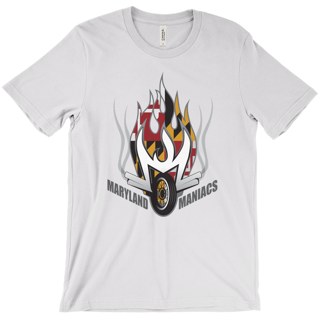 Maryland Maniacs T-shirt. Silver. Silver flames over flames reflecting Maryland flag. Motorcycle wheel below with Maryland on left, Maniacs on right both in black with white outline. Royal Retros