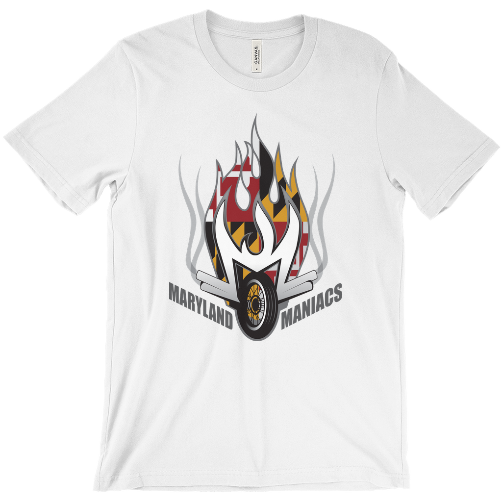 Maryland Maniacs T-shirt. White. Silver flames over flames reflecting Maryland flag. Motorcycle wheel below with Maryland on left, Maniacs on right both in black with white outline. Royal Retros