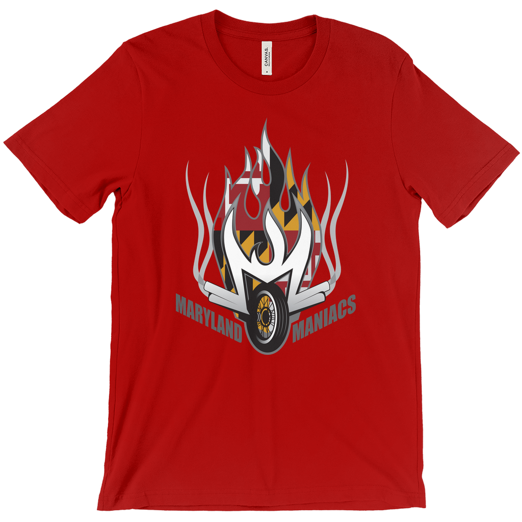 Maryland Maniacs T-shirt. Red. Silver flames over flames reflecting Maryland flag. Motorcycle wheel below with Maryland on left, Maniacs on right both in black with white outline. Royal Retros