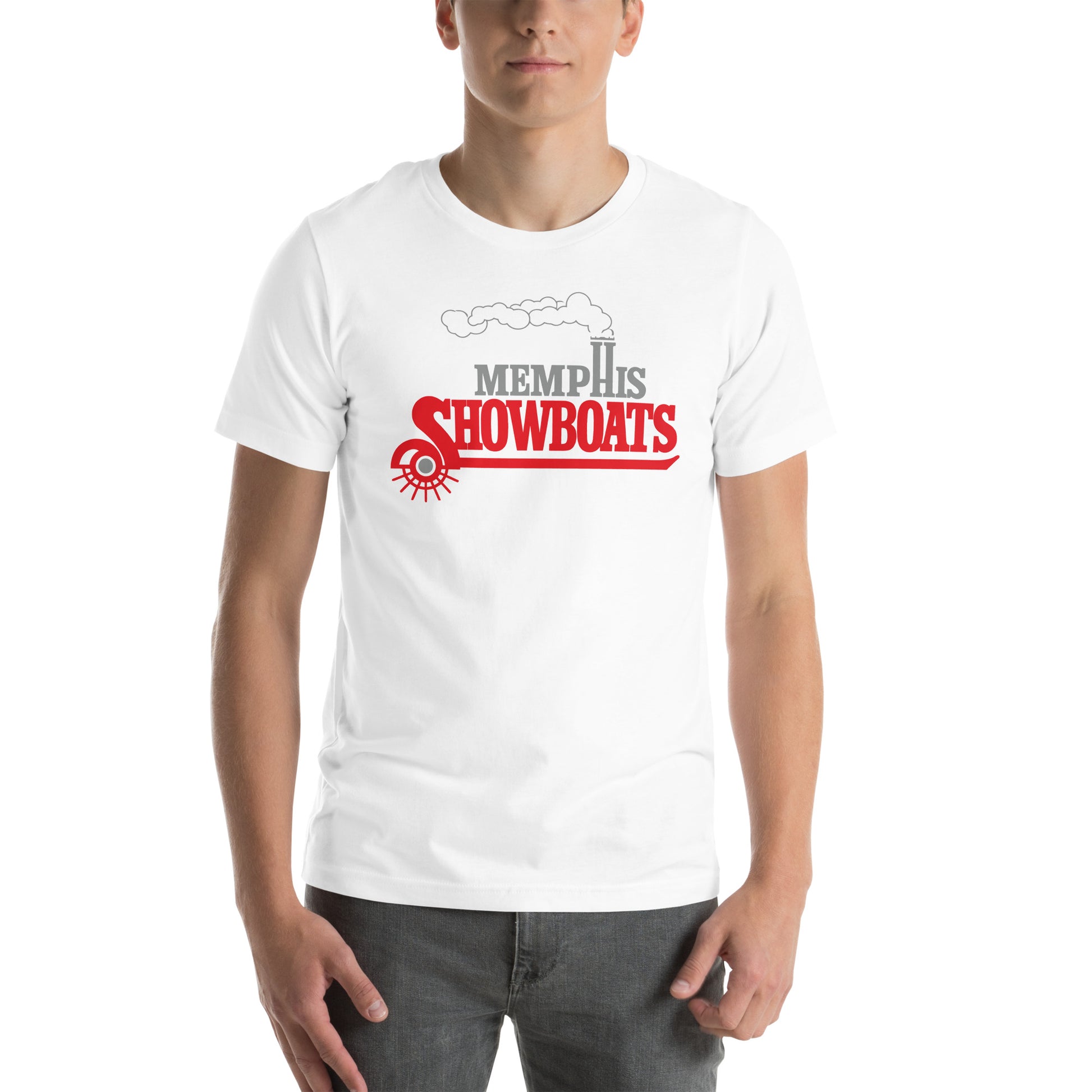 Memphis Showboats 1980s T-shirt. White. MEMPHIS in gray with H forming smokestacks with white steam trailing away to the left. SHOWBOATS below in red with paddle wheel forming bottom of "S" and red underline. Royal Retros 