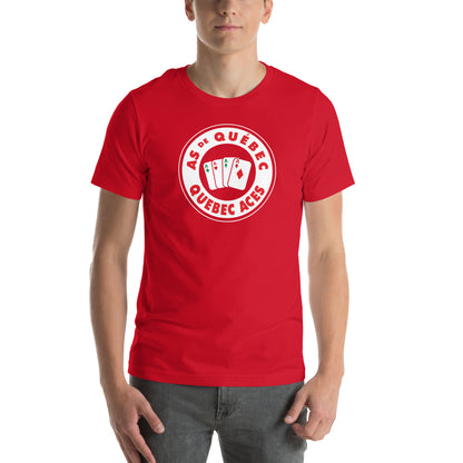 Quebec Aces T-shirt. Red. Circle logo white with white outline. "As de Quebec in red arched in top of circle, "Quebec Aces" arched in red below in circle. Red background in center with four playing cards spread out, Aces in all for suits. Royal Retros