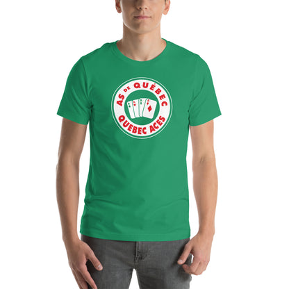 Quebec Aces T-shirt. Green. Circle logo white with white outline. "As de Quebec in red arched in top of circle, "Quebec Aces" arched in red below in circle. Green background in center with four playing cards spread out, Aces in all for suits. Royal Retros