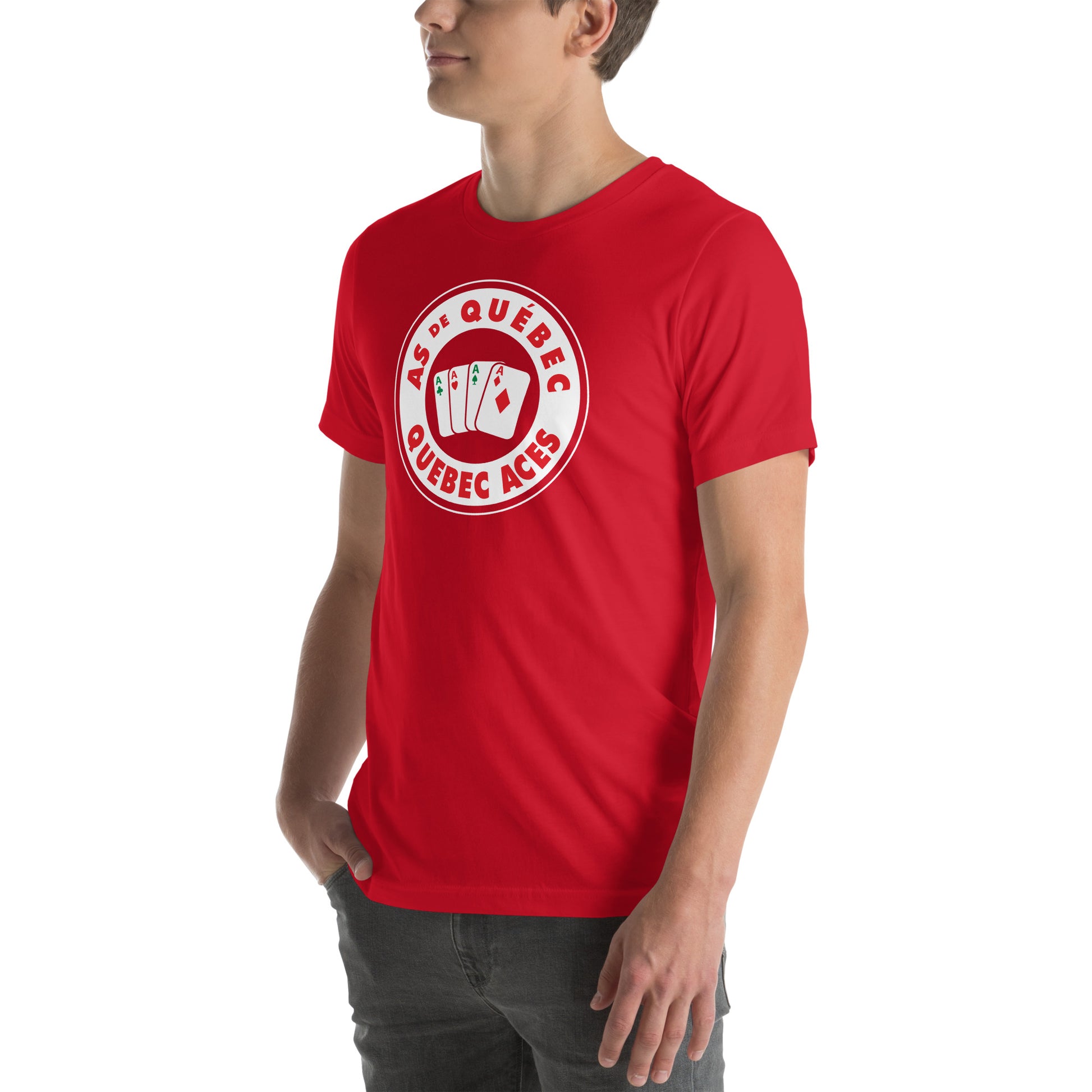 Quebec Aces T-shirt. Red. Circle logo white with white outline. "As de Quebec in red arched in top of circle, "Quebec Aces" arched in red below in circle. Red background in center with four playing cards spread out, Aces in all for suits. Royal Retros
