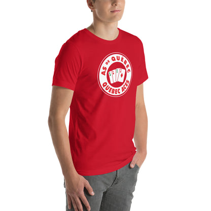 Quebec Aces T-shirt. Red. Circle logo white with white outline. "As de Quebec in red arched in top of circle, "Quebec Aces" arched in red below in circle. Red background in center with four playing cards spread out, Aces in all for suits. Royal Retros