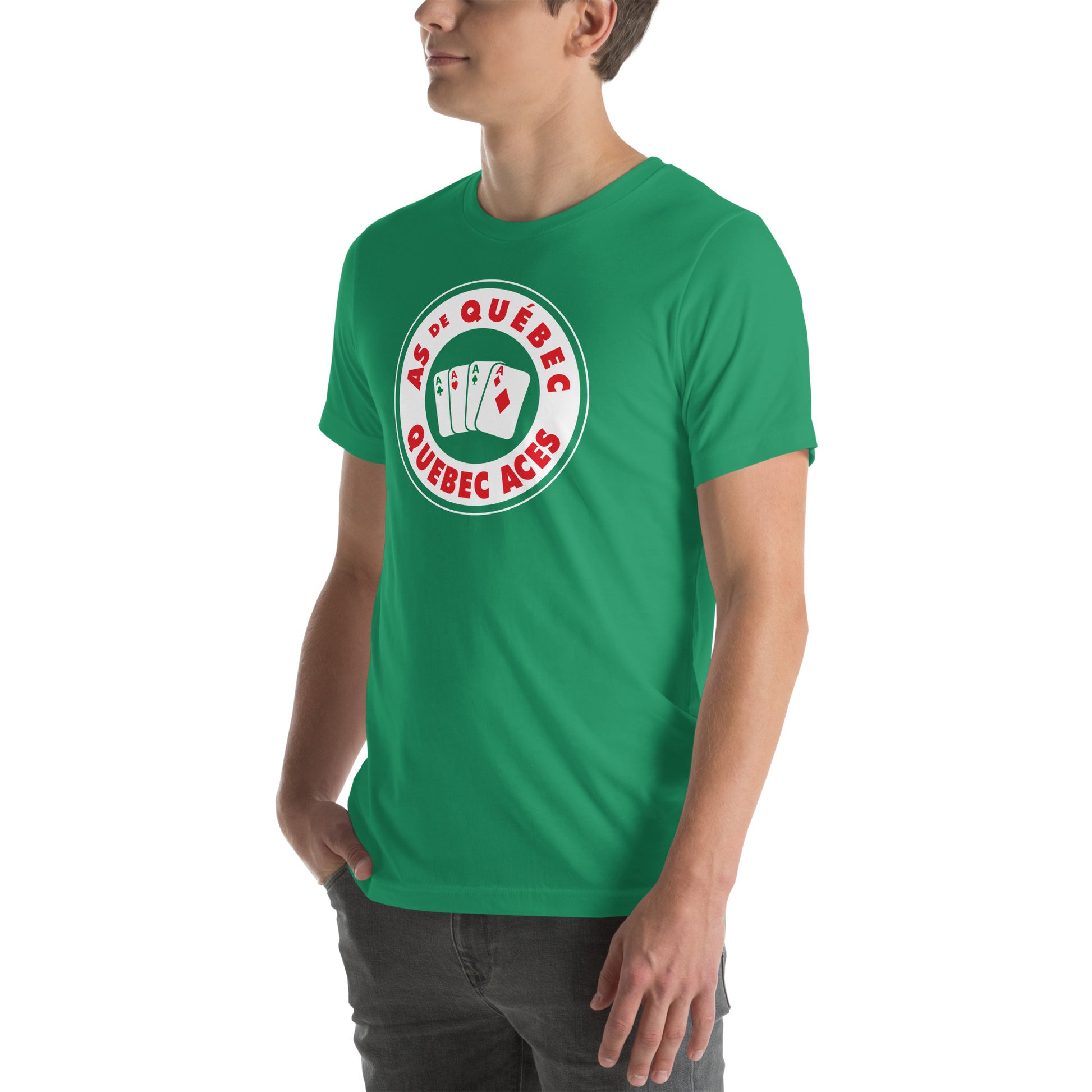 Quebec Aces T-shirt. Green. Circle logo white with white outline. "As de Quebec in red arched in top of circle, "Quebec Aces" arched in red below in circle. Green background in center with four playing cards spread out, Aces in all for suits. Royal Retros