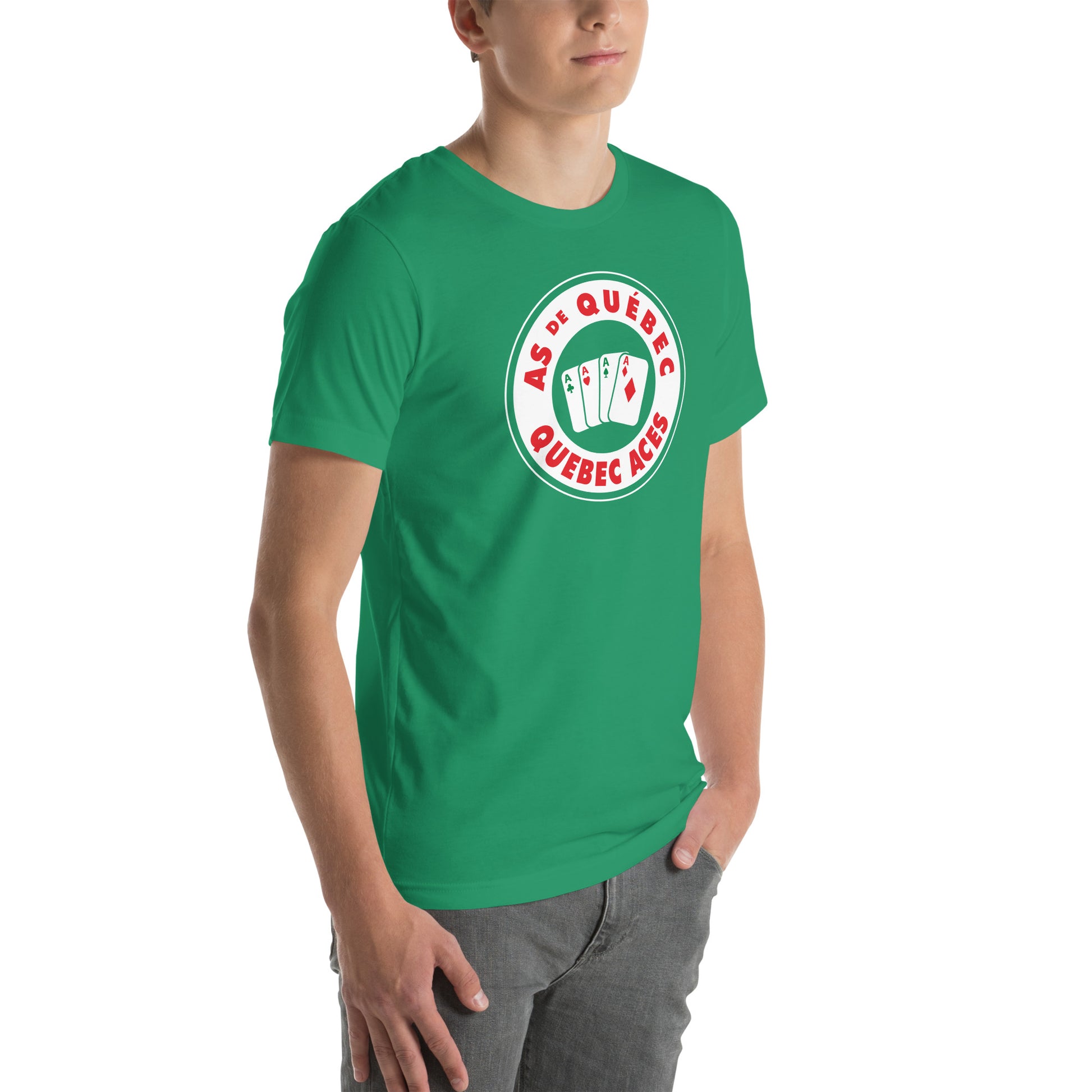 Quebec Aces T-shirt. Green. Circle logo white with white outline. "As de Quebec in red arched in top of circle, "Quebec Aces" arched in red below in circle. Green background in center with four playing cards spread out, Aces in all for suits. Royal Retros